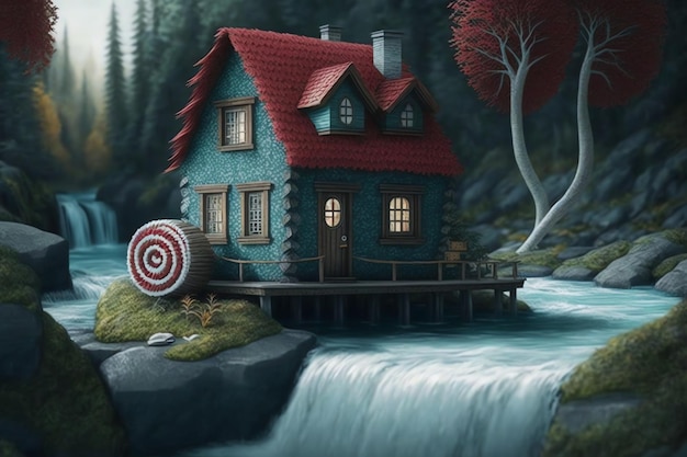 A house with a target in the middle of a river