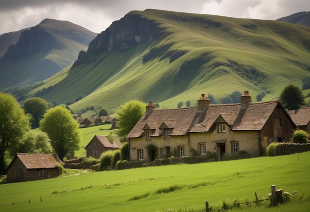 Photo a house with a thatched roof is in front of a mountain