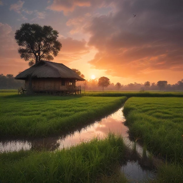 a house with a thatched roof is in the middle of a field