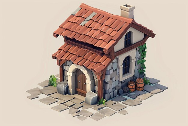 a house with a tile roof and a brick chimney