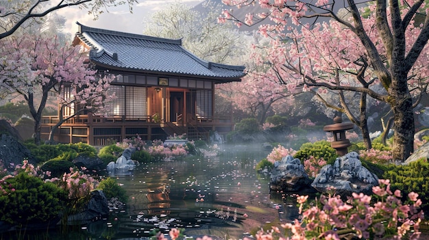 a house with a tree in the background and a pond with a sign saying hibiscus