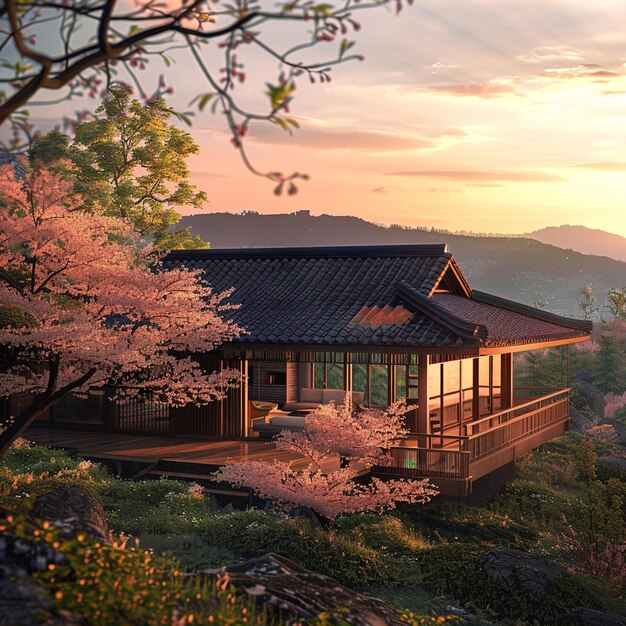 a house with a tree in the foreground and a mountain in the background