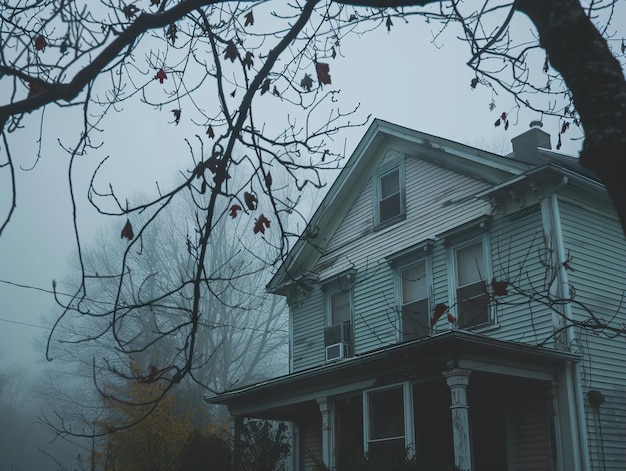 a house with a tree in the foreground and a tree in the background