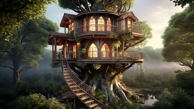 a house with a tree house on the top of it