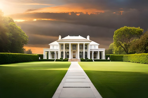 A house with a view of the front and a cloudy sky.