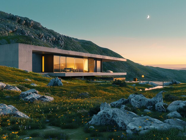 Photo a house with a view of the mountains and the moon