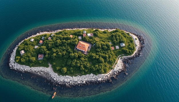 a house with a view of the sea and a small island with a boat in the water