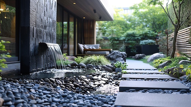 a house with a waterfall and a house with a pool in the background