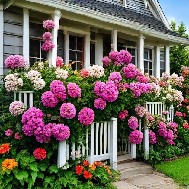 Photo a house with a white fence and a house with flowers on the front porch