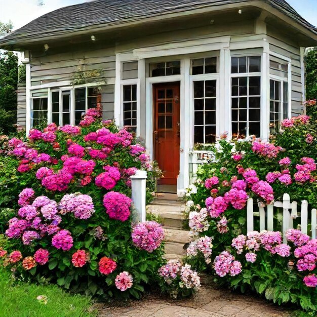 Photo a house with a white fence and a white fence with a red door