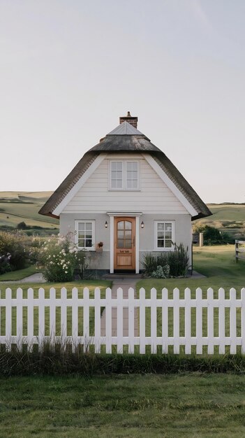 Photo house with white picket fence and green grass