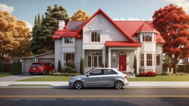 a house with a with car and near a road