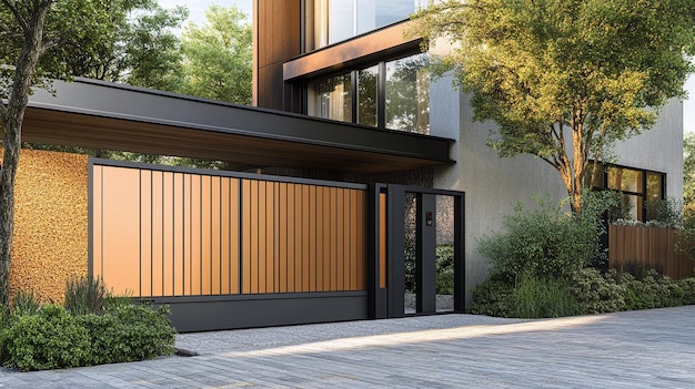 a house with a wooden fence and a tree in the background