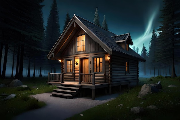 A house in the woods at night with a full moon in the background.