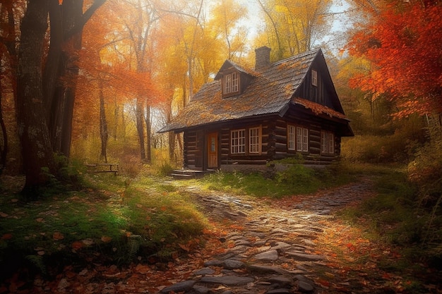 A house in the woods with autumn leaves