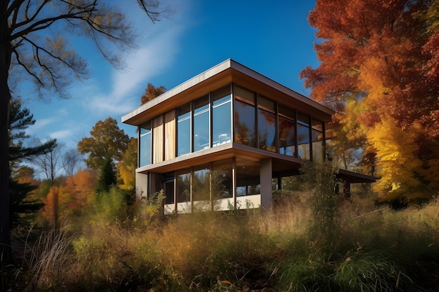 A house in the woods with a blue sky behind it