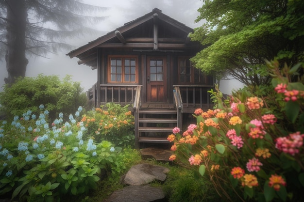 A house in the woods with flowers in the foreground