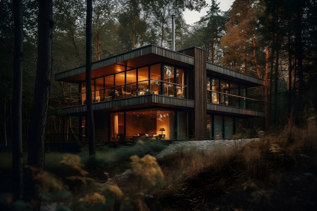 A house in the woods with a forest in the background