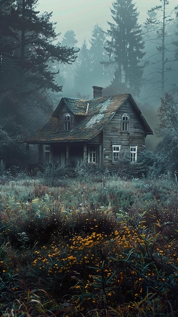 a house in the woods with a forest in the background