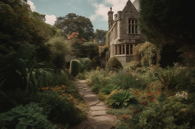 A house in the woods with a garden path and a house in the background.