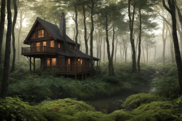 a house in the woods with a house on the side of the river