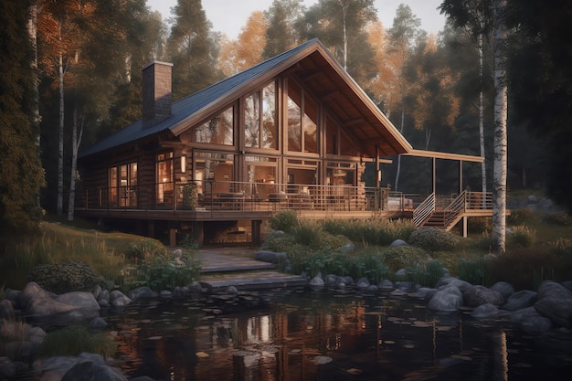 A house in the woods with a lake in the background