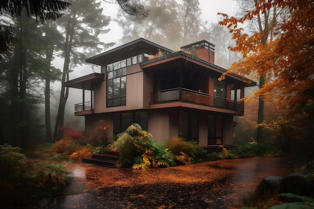 A house in the woods with a large balcony and a large balcony.