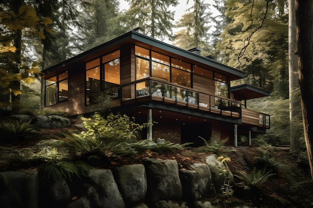 A house in the woods with a large balcony and a large tree in the background.