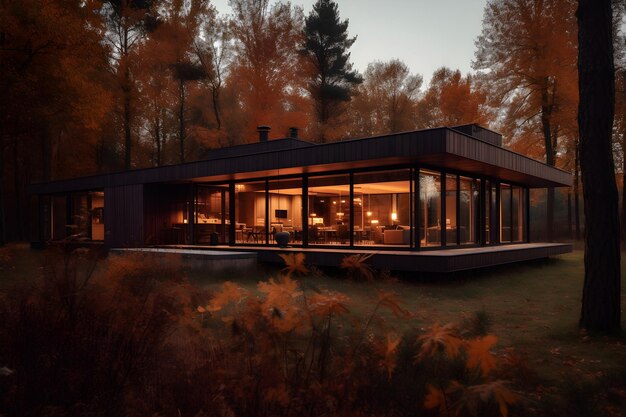 A house in the woods with a large glass door and a wooden floor.