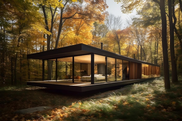 A house in the woods with a large window that says'the house is in the woods '