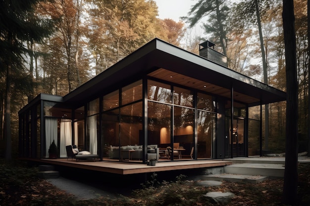 A house in the woods with a large window that says'the word house '