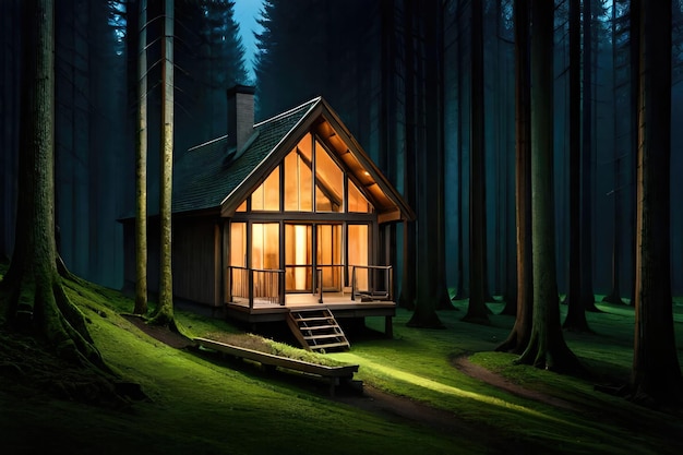 A house in the woods with a lit up window