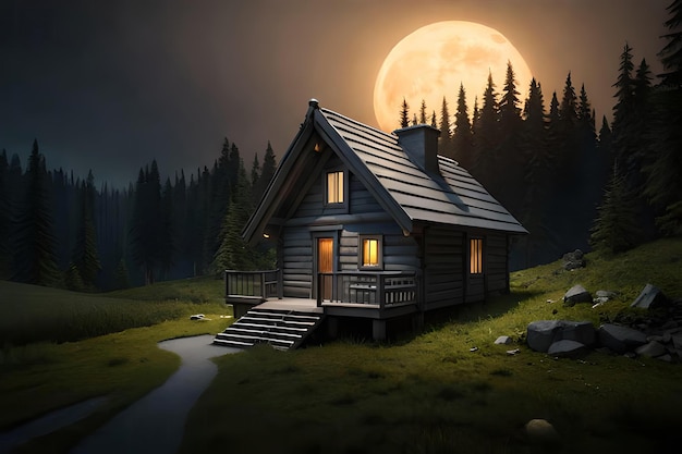 A house in the woods with the moon behind it