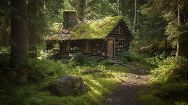 A house in the woods with moss on the roof