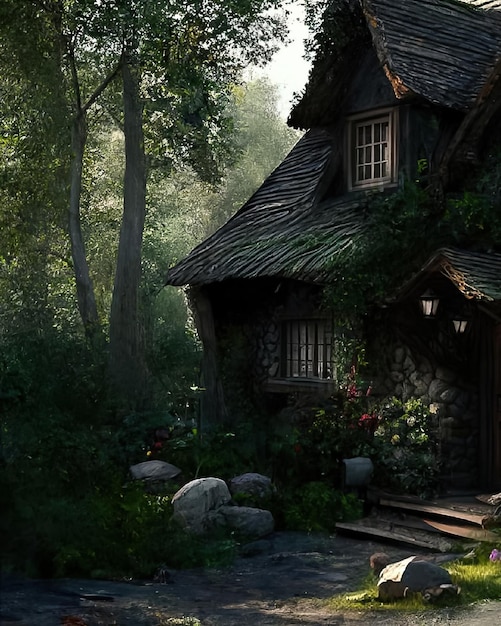 A house in the woods with a mossy roof