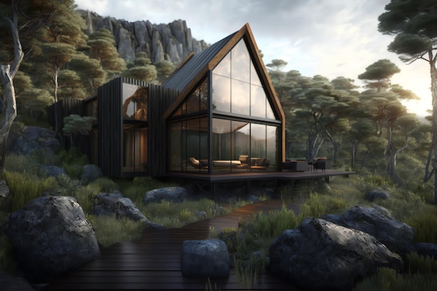 A house in the woods with a mountain in the background