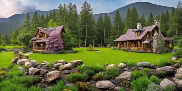 A house in the woods with a mountain in the background