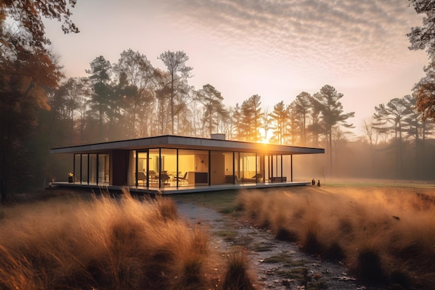 A house in the woods with the sun setting behind it