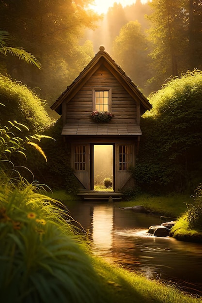 A house in the woods with the sun shining on the door