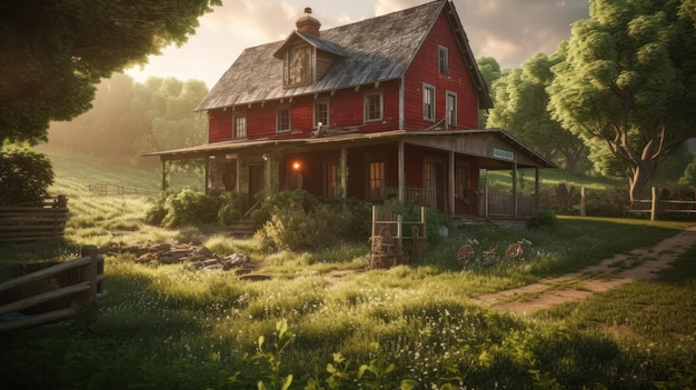 A house in the woods with the sun shining on the roof.