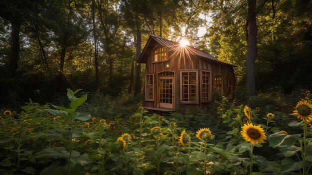 A house in the woods with sunflowers in the background