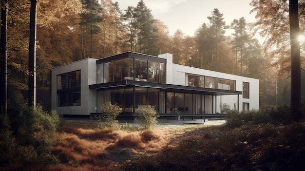 A house in the woods with a tree in the background