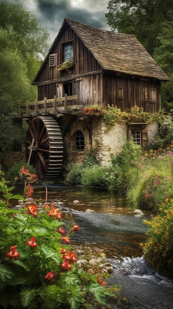 A house in the woods with a water wheel