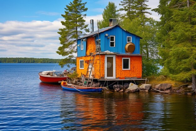 Photo a houseboat with a house on the side is painted in bright orange and blue