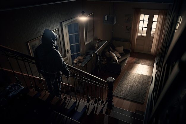 a housebreaking concept with an intruder sneaking into a house at night