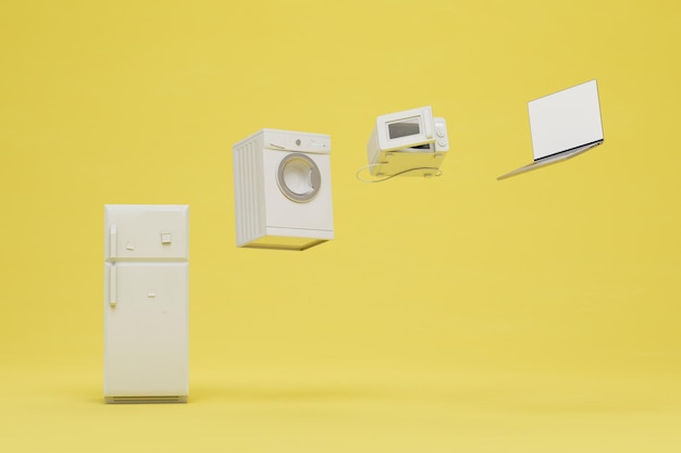 Household appliances of white color flying on a yellow background 3D render