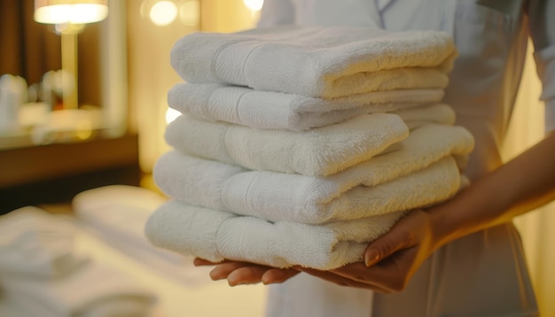 Housekeeping staff arranging clean towels in elegant hotel room for impeccable presentation