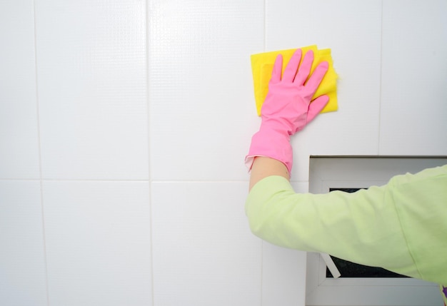 Housemaid cleaning a bathroom