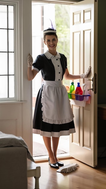 Photo housemaid opening the door to the room for cleaning