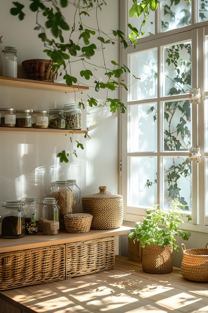 Houseplant fixtures on wood shelves by window in kitchen